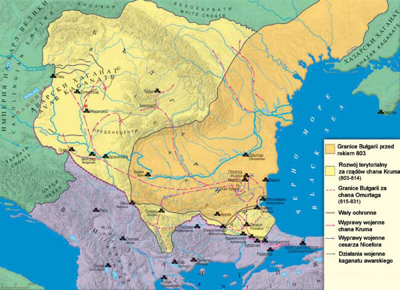 Граници на България при Крум — в оранжево до 803 г. + жълто при Крумовото управление. Wikimedia Commons