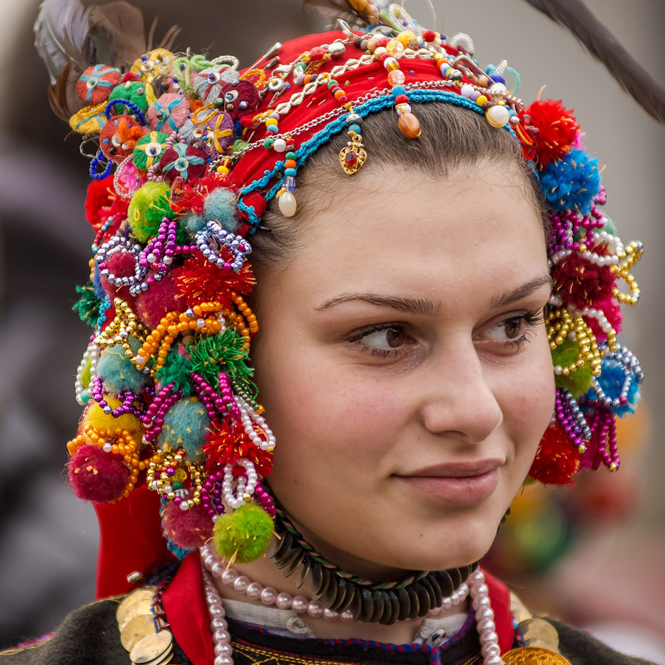 Woman wearing traditional Bulgarian headdress
