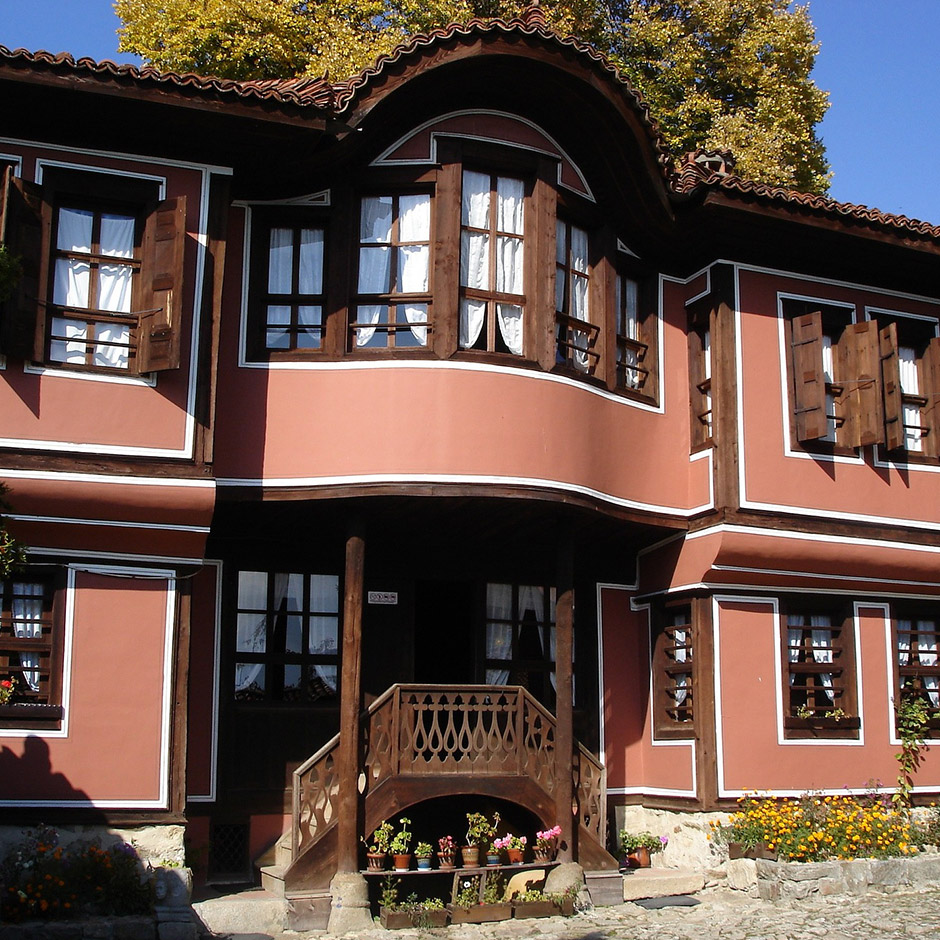 Brown facade of one of the many perfectly preserved houses in the village of Koprivshtitsa, Bulgaria